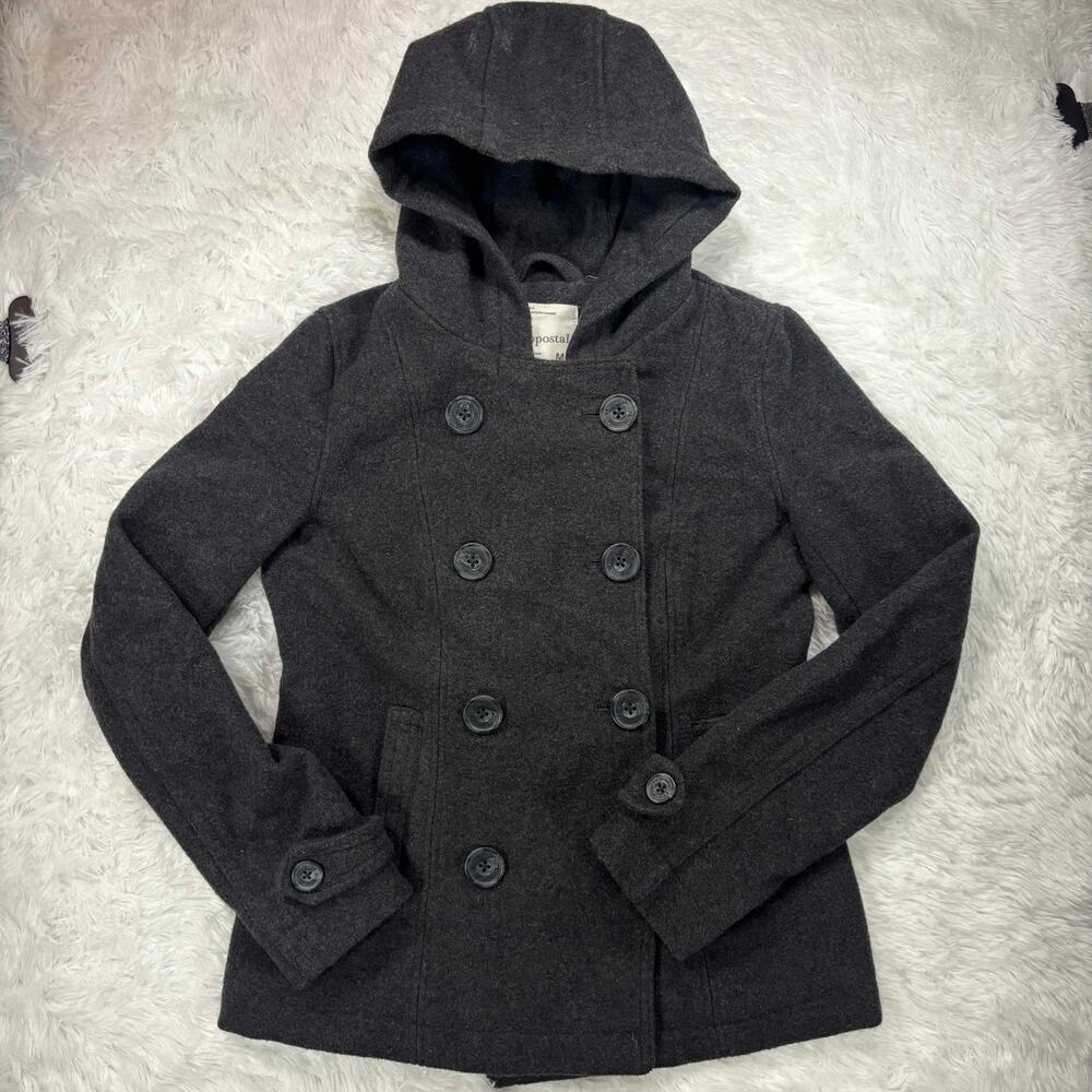 Charcoal Gray Wool Blend Hooded Pea Coat Double Breasted Jacket Pink Lining M